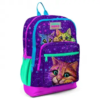 Yaygan Coral High Kids Mor Pembe Kedi Desenli Dört Bölmeli Okul Sırt Çantası 23732