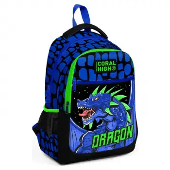 Yaygan Coral High Kids Siyah Saks Ejderha Desenli Üç Bölmeli Okul Sırt Çantası 23485