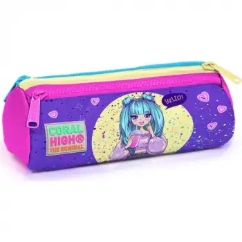 Yaygan Coral Hıgh Mor Pembe Anime Kız Desenli Üç Bölmeli Kalem Çantası 22035