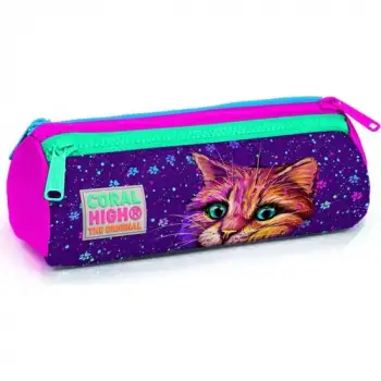 Yaygan Coral Hıgh Mor Pembe Kedi Desenli Üç Bölmeli Kalem Çantası 22032