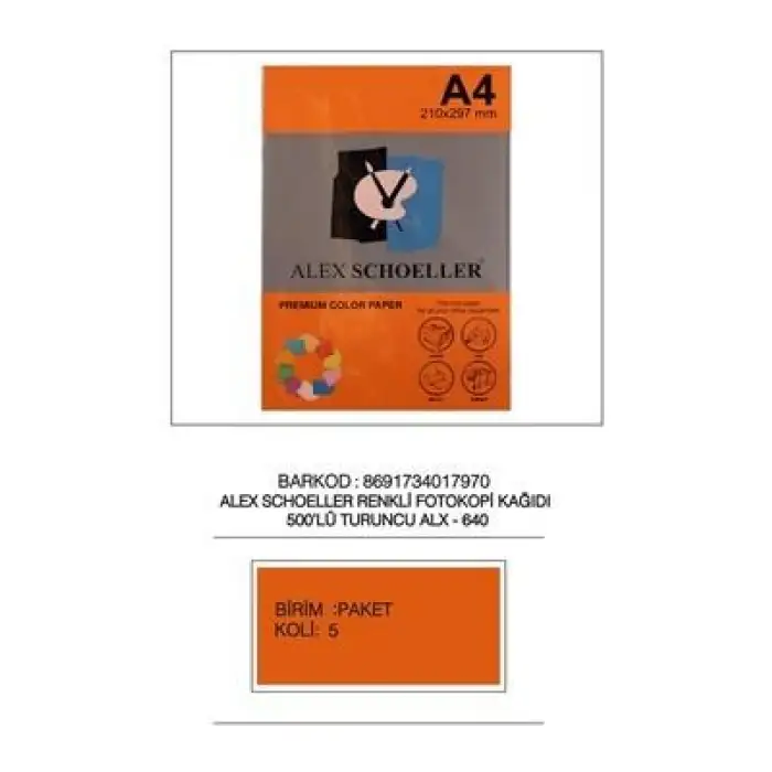 Alex Fot.Kağ. Renkli A4 500 Lü (Koyu Renkler) No:640 Turuncu