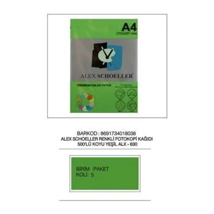 Alex Fot.Kağ. Renkli A4 500 Lü (Koyu Renkler) No:630 K.Yeşil