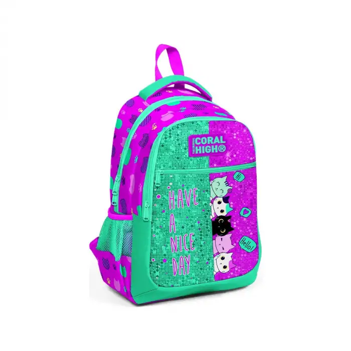 Yaygan Coral Hıgh Pembe Su Yeşili Kedi Desenli Simli Üç Bölmeli Okul Sırt Çantasıı 23490