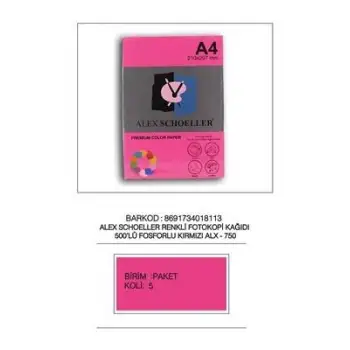 Alex Fot.Kağ. Renkli A4 500 Lü (Fosforlu Renkler) No:750 Kırmızı