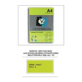 Alex Fot.Kağ. Renkli A4 500 Lü (Fosforlu Renkler) No:721 Yeşil