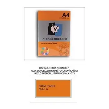 Alex Fot.Kağ. Renkli A4 500 Lü (Fosforlu Renkler) No:771 Turuncu