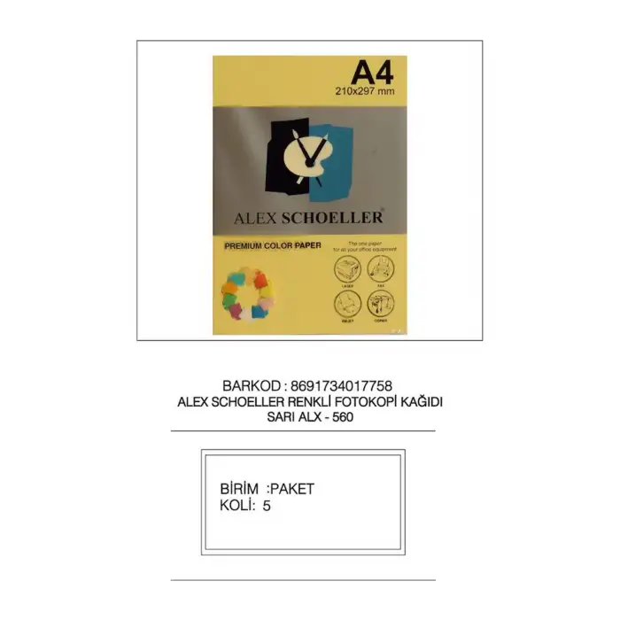 Alex Fot.Kağ. Renkli A4 500 Lü (Açık Renkler) No:560 Sarı