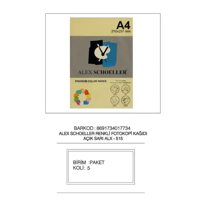 Alex Fot.Kağ. Renkli A4 500 Lü No:515 Knr.Sarısı