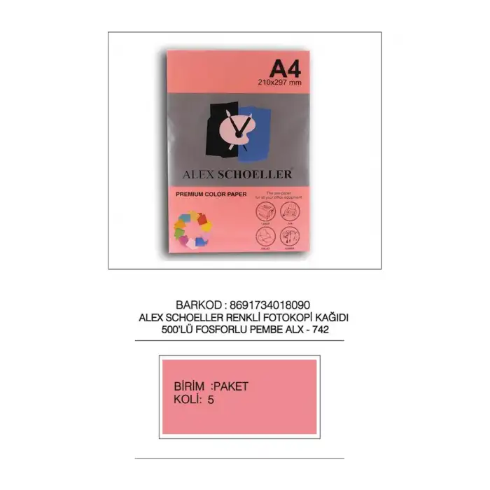 Alex Fot.Kağ. Renkli A4 500 Lü (Fosforlu Renkler) No:742 Pembe