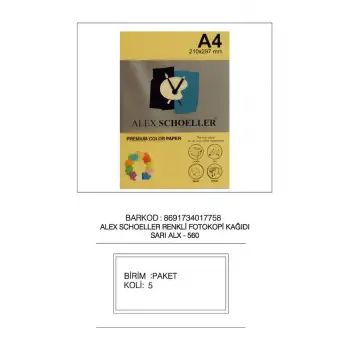 Alex Fot.Kağ. Renkli A4 500 Lü (Açık Renkler) No:560 Sarı