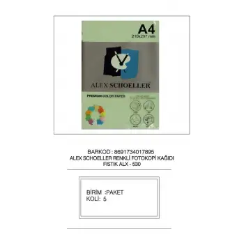 Alex Fot.Kağ. Renkli A4 500 Lü (Açık Renkler) No:530 A.Yeşil
