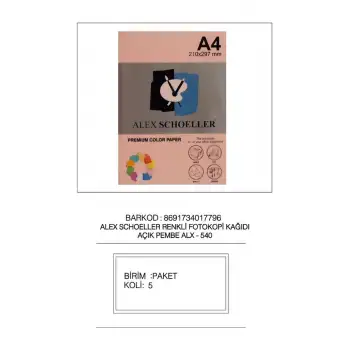 Alex Fot.Kağ. Renkli A4 500 Lü (Açık Renkler) No:540 A.Pembe
