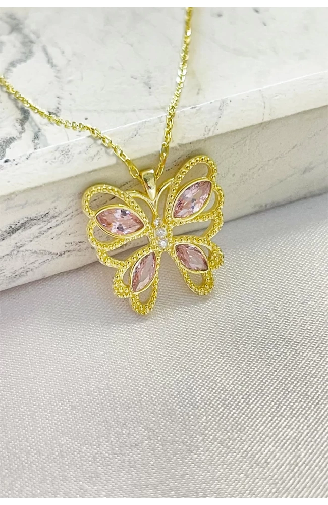 Kadın Pembe Taşlı Kelebek Kolye 925 Ayar Gümüş