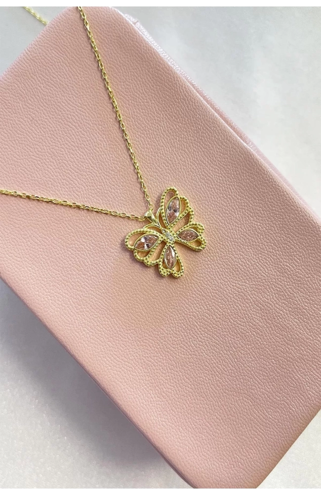 Kadın Pembe Taşlı Kelebek Kolye 925 Ayar Gümüş