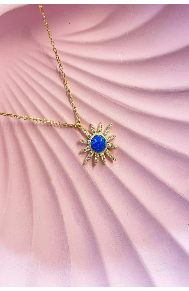 Kadın Mavi Opal Taşlı Güneş Kolye 925 Ayar Gümüş