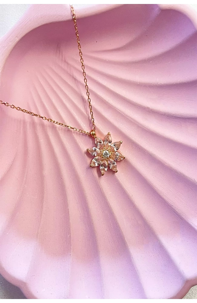 Kadın Pembe Taşlı Orkide Çiçeği Kolye 925 Ayar Gümüş
