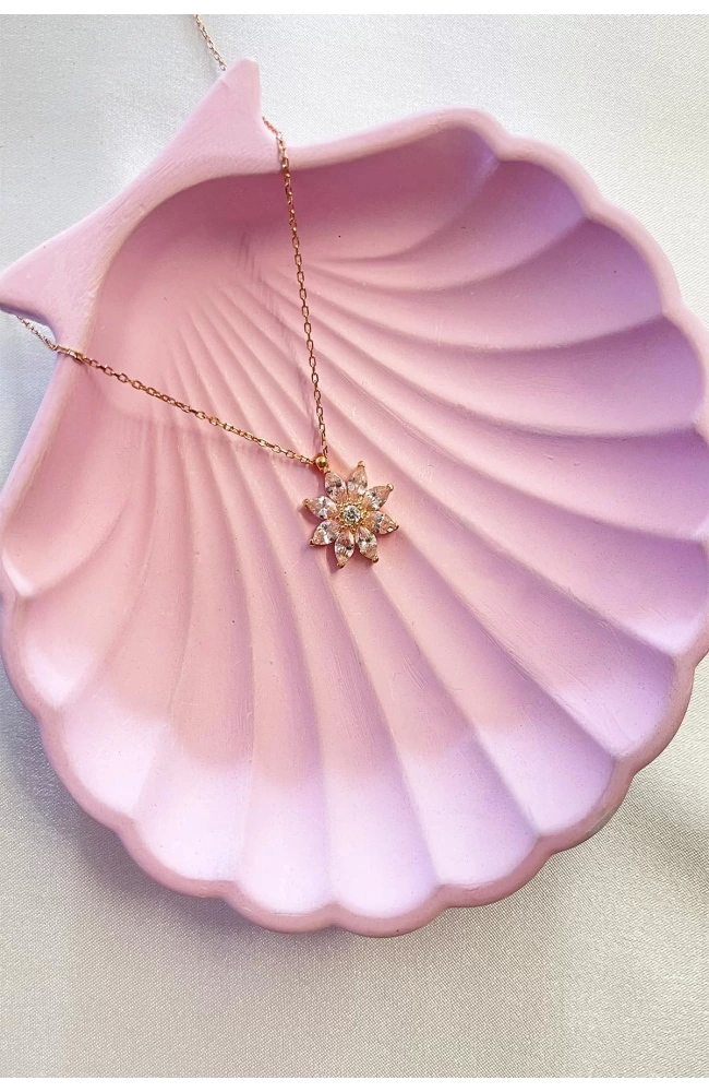 Kadın Pembe Taşlı Orkide Çiçeği Kolye 925 Ayar Gümüş