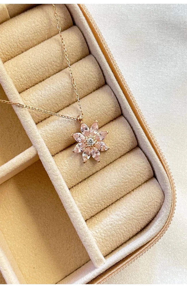 Kadın Pembe Taşlı Orkide Çiçeği Kolye 925 Ayar Gümüş