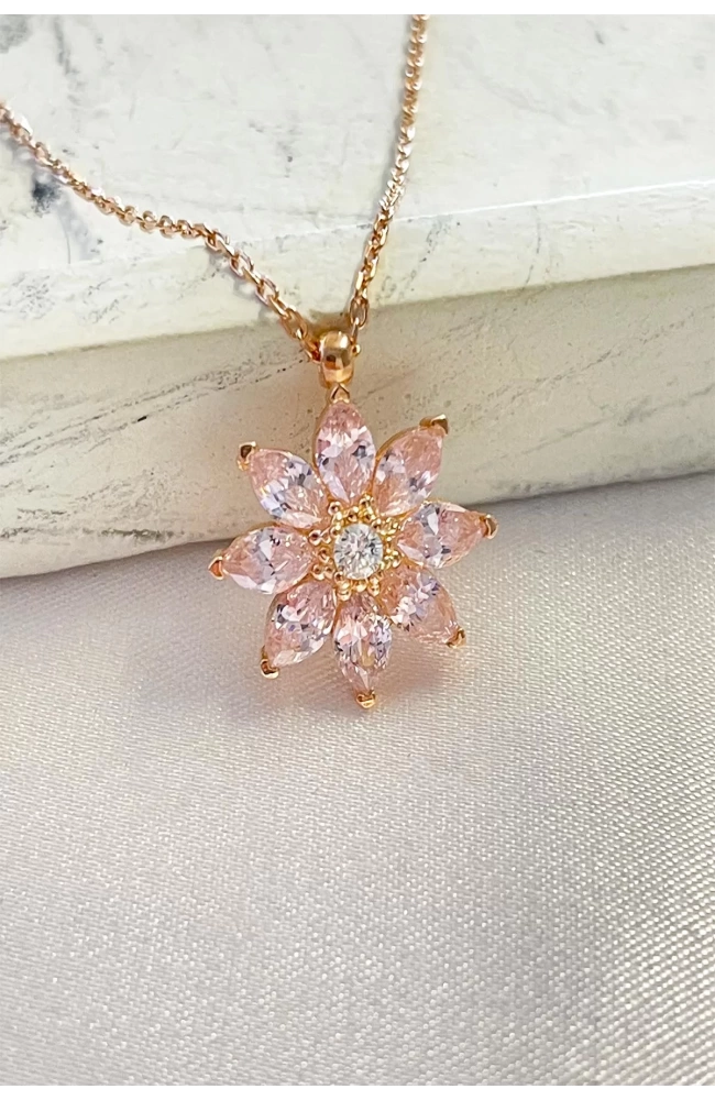 Kadın Pembe Taşlı Orkide Çiçeği Kolye 925 Ayar Gümüş