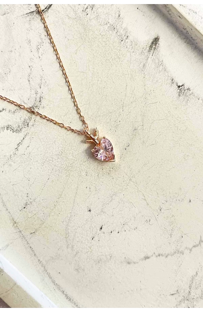 Minimal Pembe Taşlı Kalp Kolye 925 Ayar Gümüş