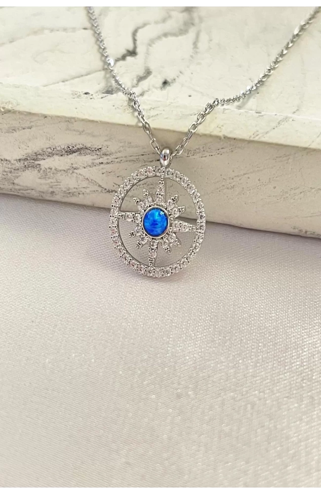 Mavi Opal Taşlı Pusula Kolye 925 Ayar Gümüş