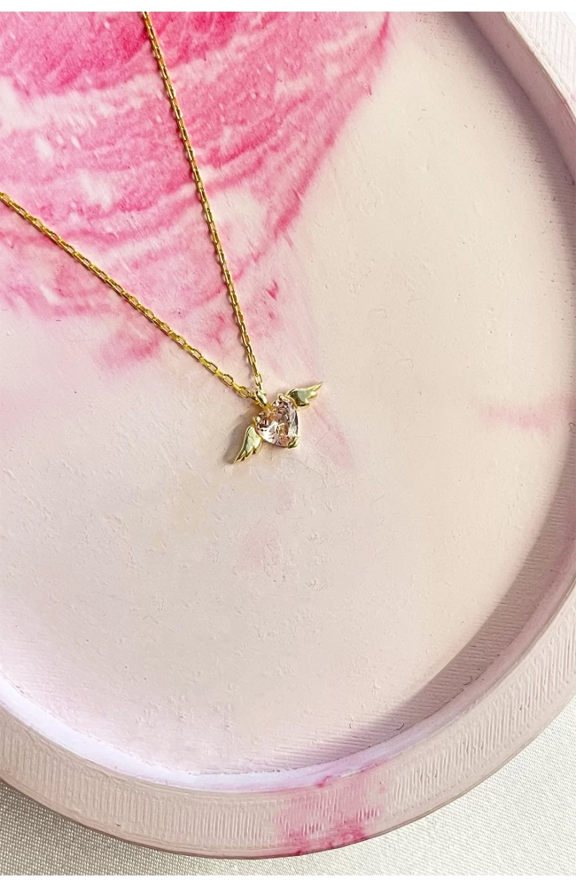 Minimal Pembe Taşlı Melek Kolye 925 Ayar Gümüş