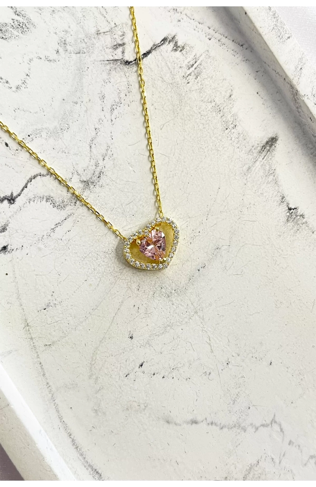 Pembe Taşlı Minimal Kalp Kolye 925 Ayar Gümüş