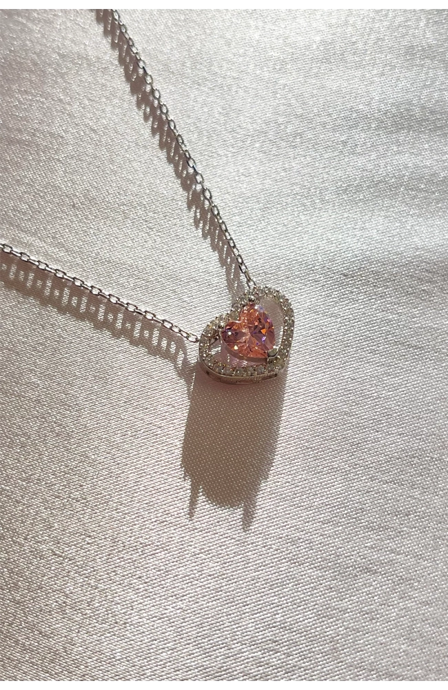 Pembe Taşlı Minimal Kalp Kolye 925 Ayar Gümüş