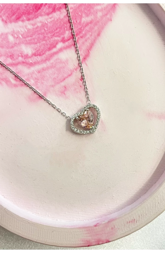Pembe Taşlı Minimal Kalp Kolye 925 Ayar Gümüş