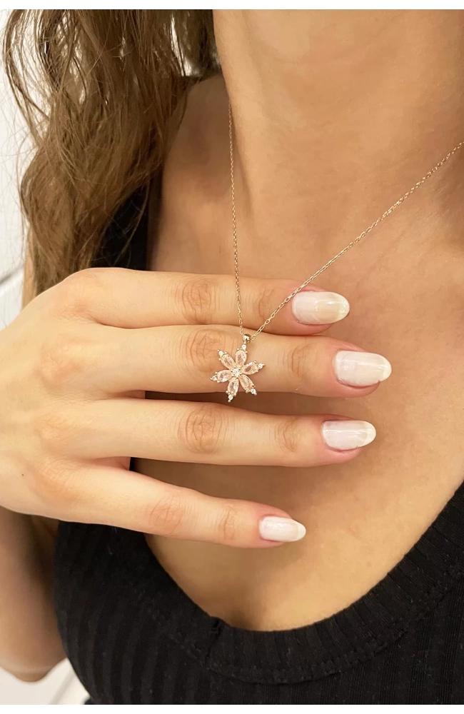 Pembe Taşlı Lotus Kolye 925 Ayar Gümüş