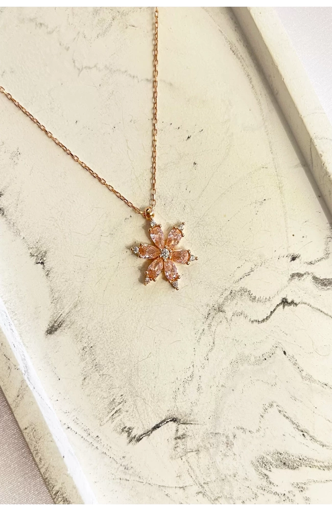 Pembe Taşlı Lotus Kolye 925 Ayar Gümüş