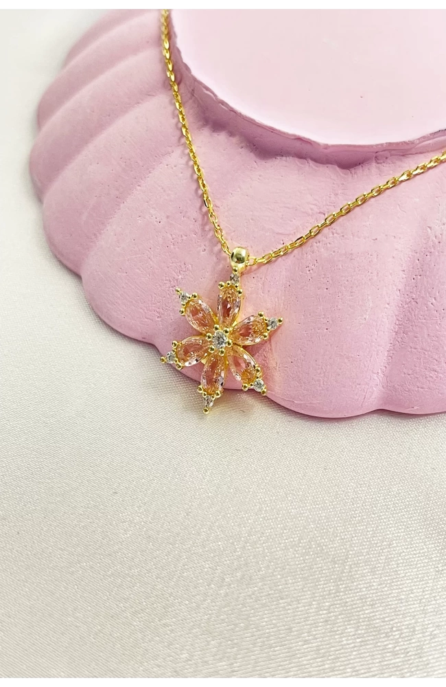 Pembe Taşlı Lotus Kolye 925 Ayar Gümüş