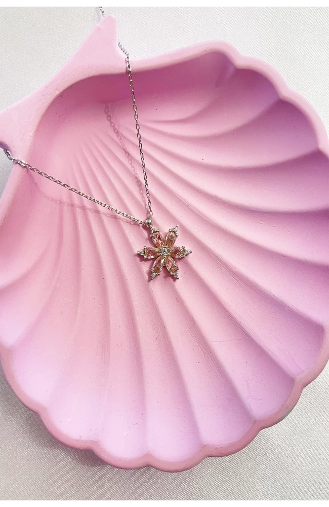 Pembe Taşlı Lotus Kolye 925 Ayar Gümüş