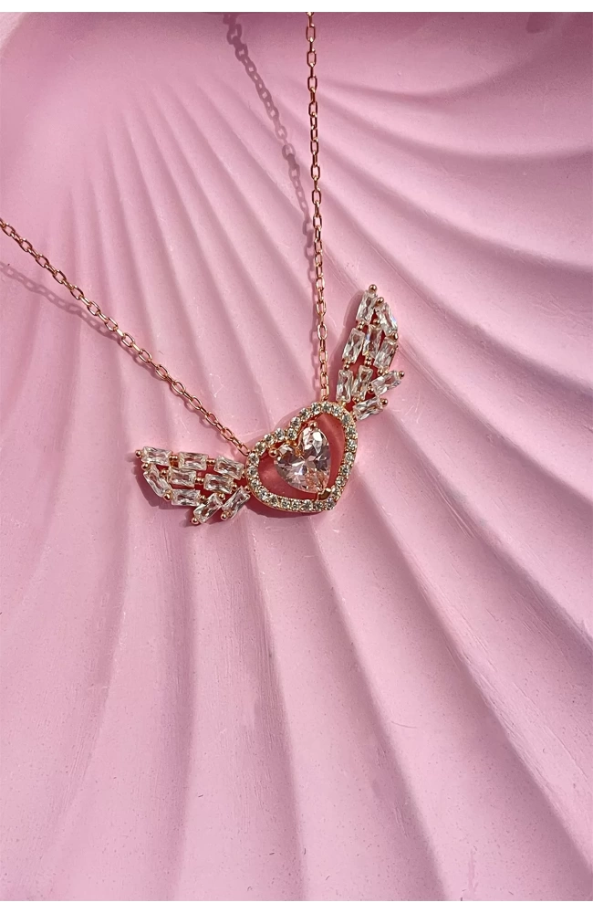 Pembe Kalp Taşlı Melek Kanadı 925 Ayar Gümüş Kolye
