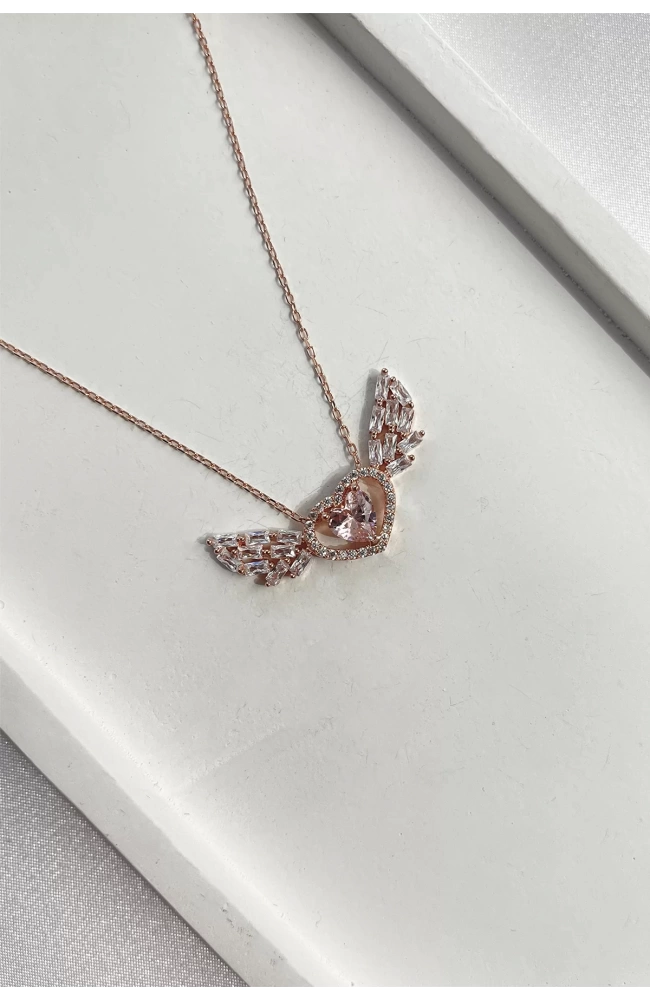 Pembe Kalp Taşlı Melek Kanadı 925 Ayar Gümüş Kolye