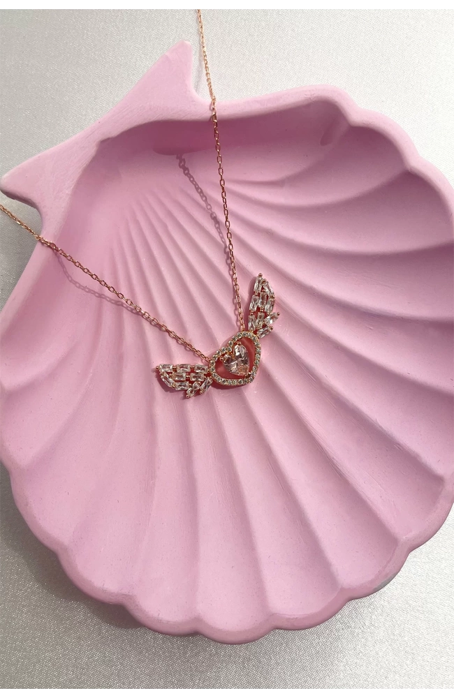 Pembe Kalp Taşlı Melek Kanadı 925 Ayar Gümüş Kolye