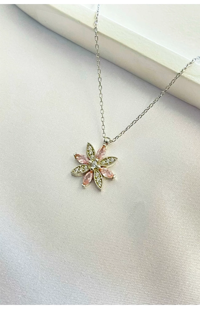 Pembe Taşlı Gelincik Çiçeği Kolye 925 Ayar Gümüş