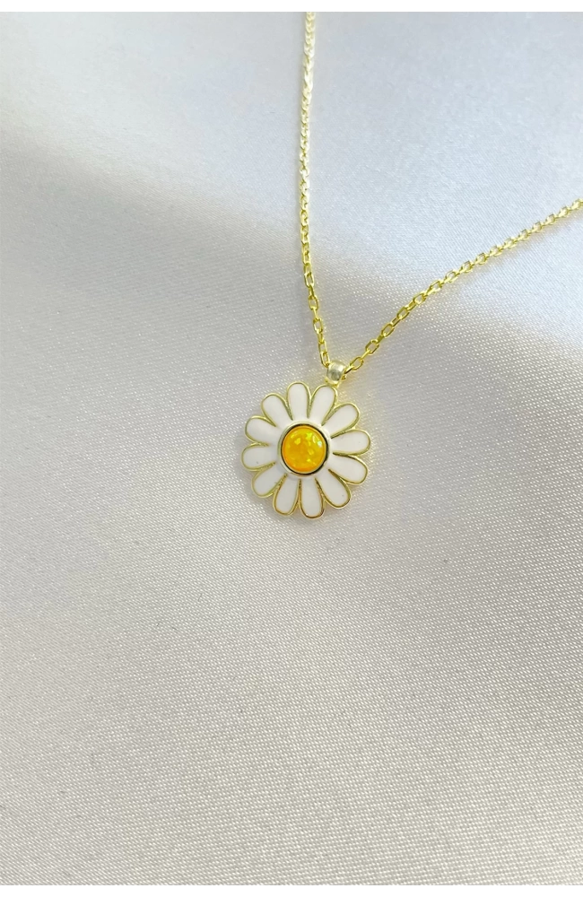 Opal Taşlı Papatya Kolye 925 Ayar Gümüş