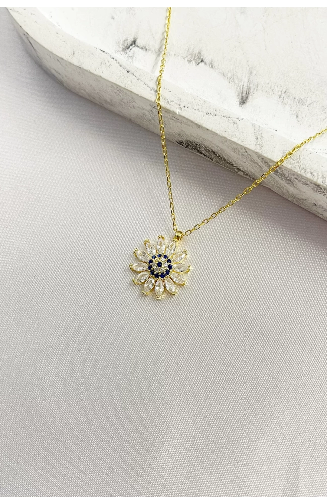 Nazar Gözlü Papatya Kolye 925 Ayar Gümüş