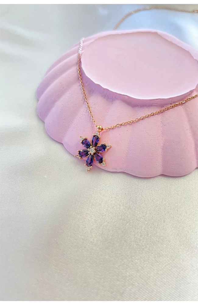 Mor Taşlı Lotus Çiçeği Kolye 925 Ayar Gümüş