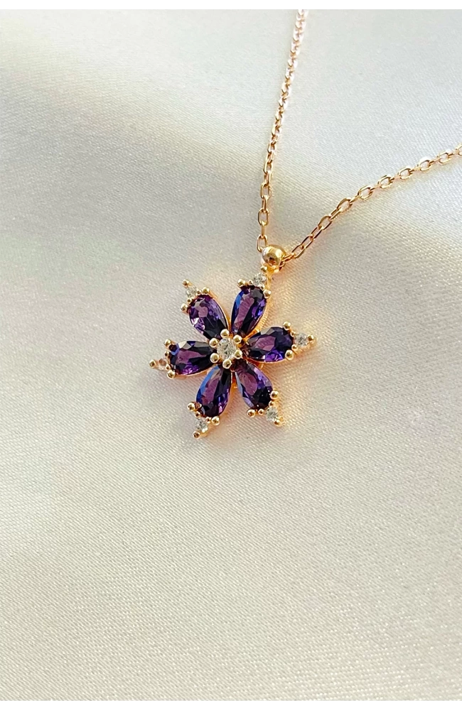Mor Taşlı Lotus Çiçeği Kolye 925 Ayar Gümüş