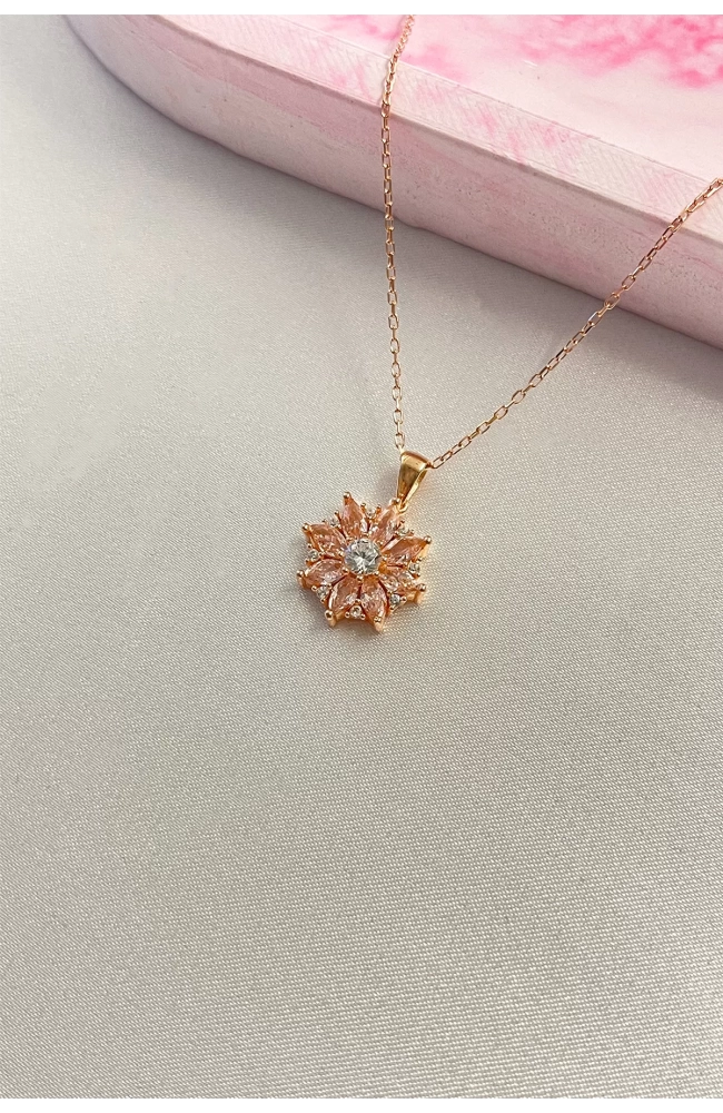 Pembe Taşlı Papatya Kolye 925 Ayar Gümüş