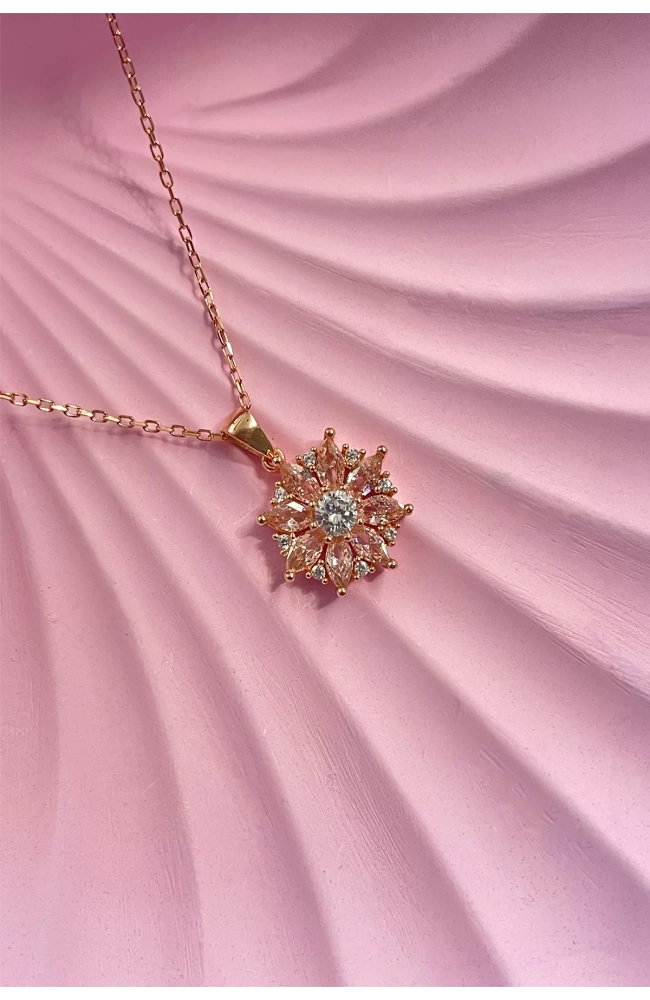 Pembe Taşlı Papatya Kolye 925 Ayar Gümüş