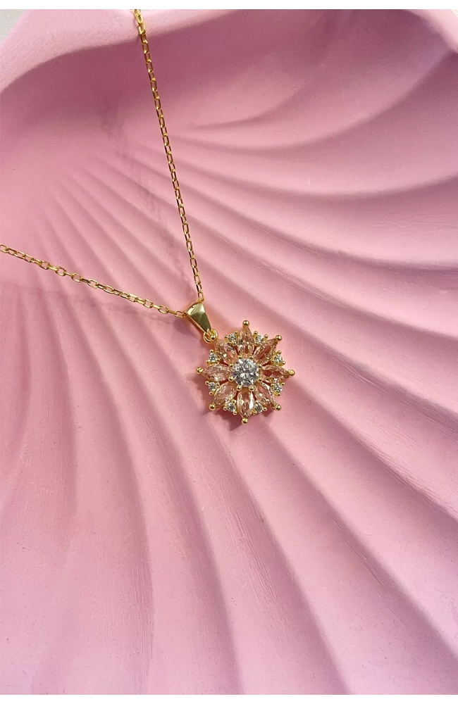 Pembe Taşlı Papatya Kolye 925 Ayar Gümüş