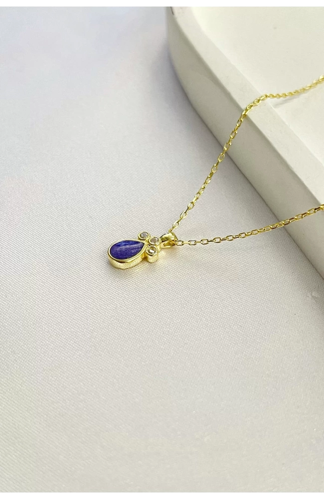Minimal Mor Mineli Damla Kolye 925 Ayar Gümüş