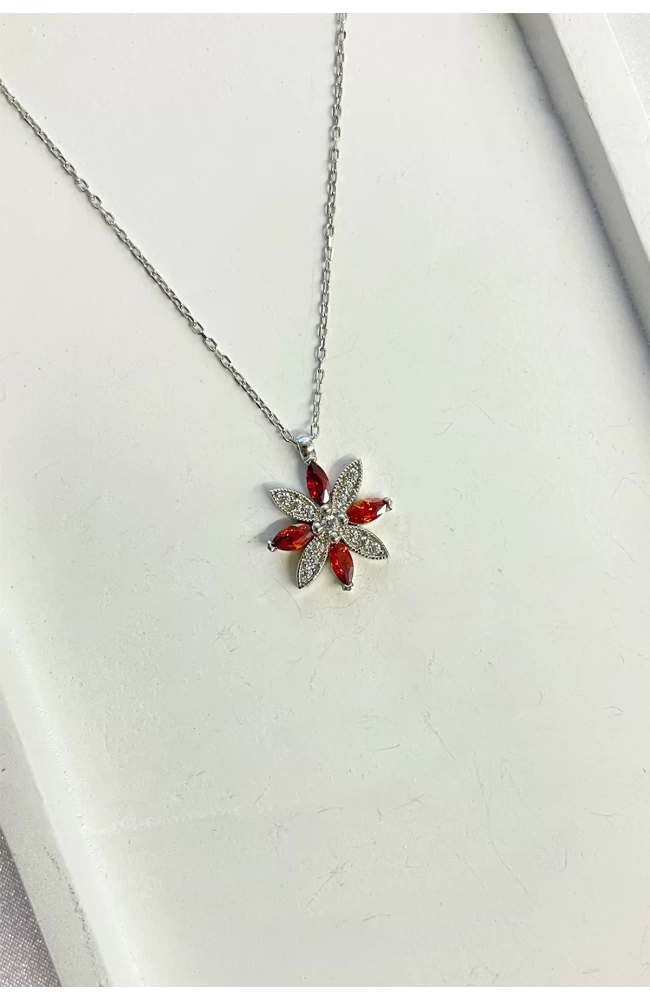 Kırmızı Taşlı Gelincik Çiçeği Kolye 925 Ayar Gümüş
