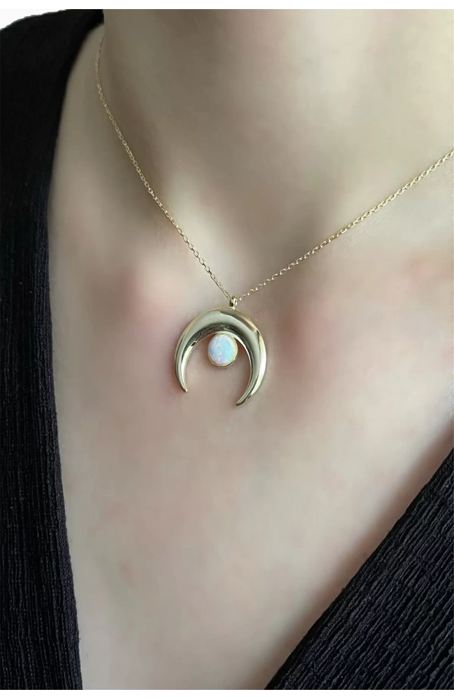 Opal Taşlı Moon Kolye 925 Ayar Gümüş
