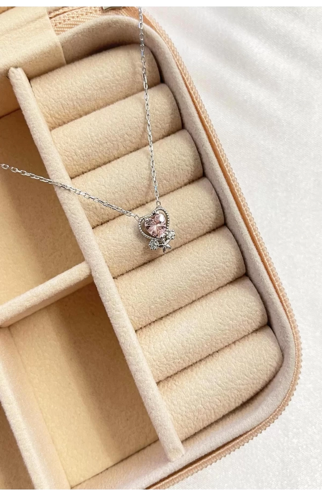 Kadın Minimal Pembe Kalp Taşlı Kolye 925 Ayar Gümüş