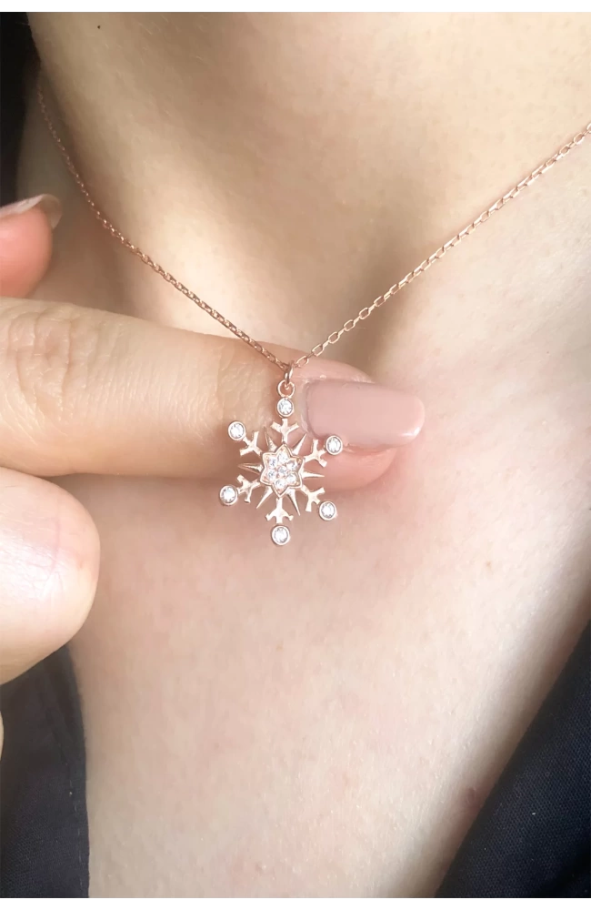 Kadın Taşlı Kar Tanesi 925 Ayar Gümüş - Rose Altın Rengi Kolye