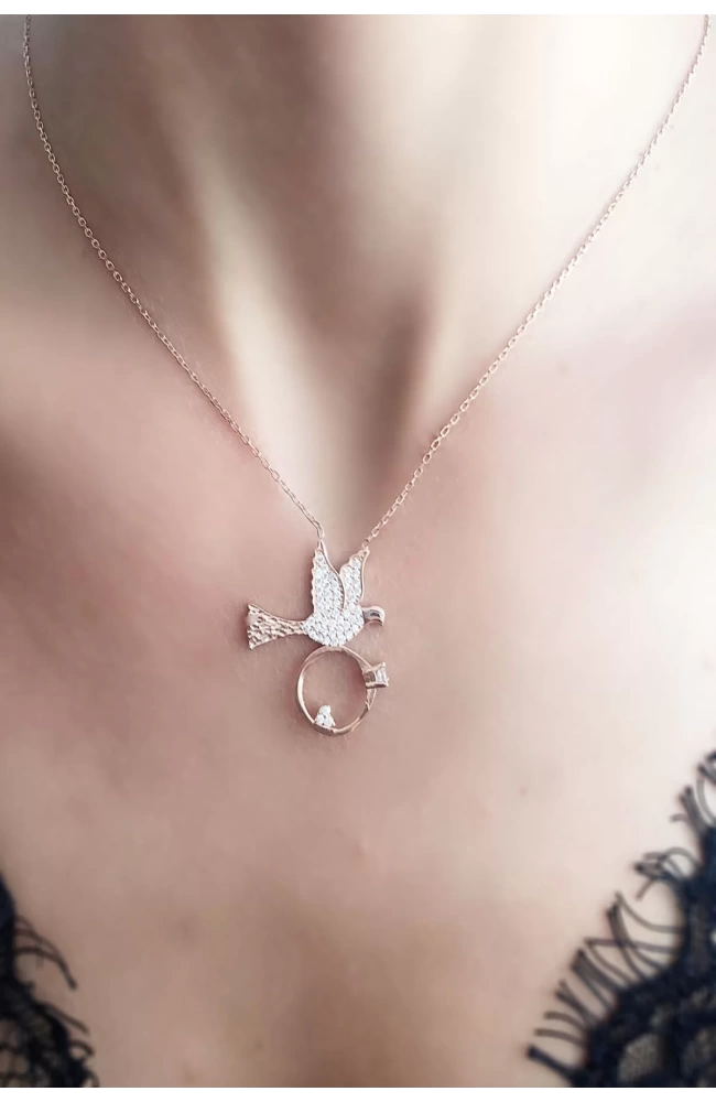 Kadın Tektaş Taşıyan Kuş 925 Ayar Gümüş Rose Kolye